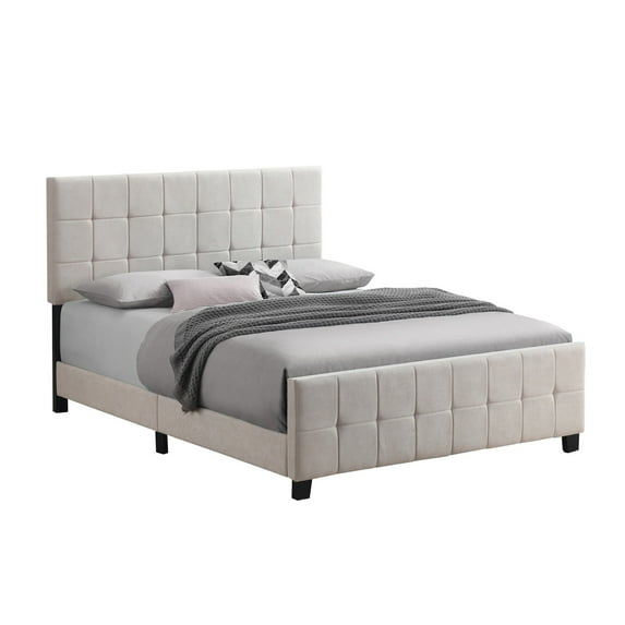 Feny King Bed, Light Grey Fabric Upholstered, Stitched Grid Design