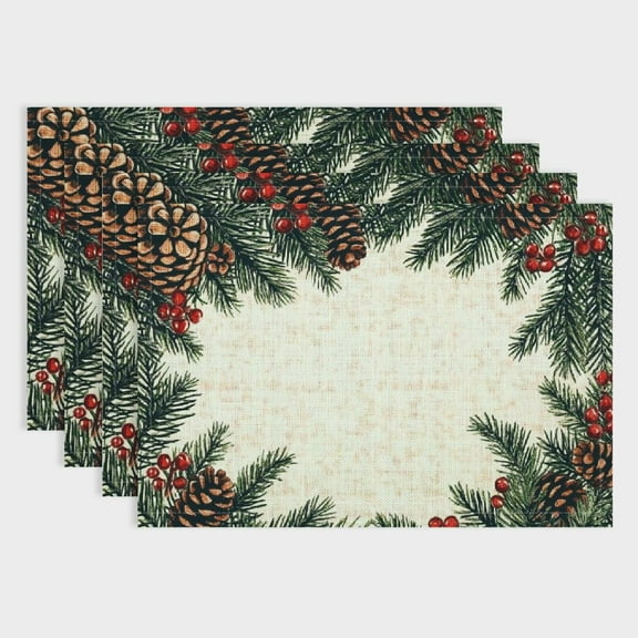 Fenyluxe 4 Pcs Christmas Winter Pine Cone Needle Branch Berry Placemats Tabletop Dining Table Place Mat Christmas Placemats Christmas Placemats Bulk for Holiday Party 18x12in