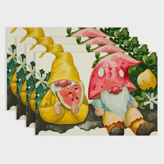 Fenyluxe 4pcs Gnomes Watermelon Linen Cloth Indoor Outdoor Table Placemat Western Meal Pad for Birthday Christmas Buffets Home Decoration 18x12in