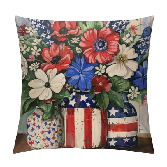 Fenyluxe 4th of July Throw Pillow Covers, Patriotic Stars Floral Mason Jars God Bless America Land That I Love Decorative Farmhouse Decoration for Home White