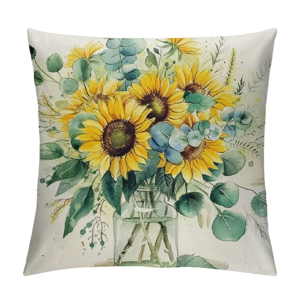 Fenyluxe AVOIN Watercolor Sunflower Throw Pillow Cover, Eucalyptus