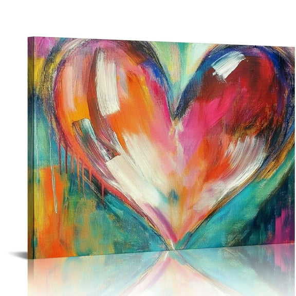 Fenyluxe Abstract Colorful Textural Heart Painting Canvas Wall Art for Valentines Wedding Home Room Gallery Decor 16x12in