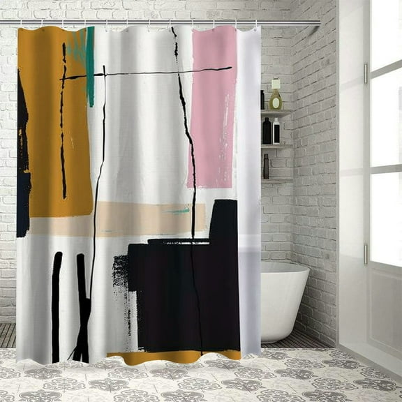 Fenyluxe  Abstract Geometric Neutral Bathroom Shower Curtain Black Beige Painting Minimalist Modern Tan Contemporary Striped Polyester Fabric Hooks Waterproof Decor 36x72