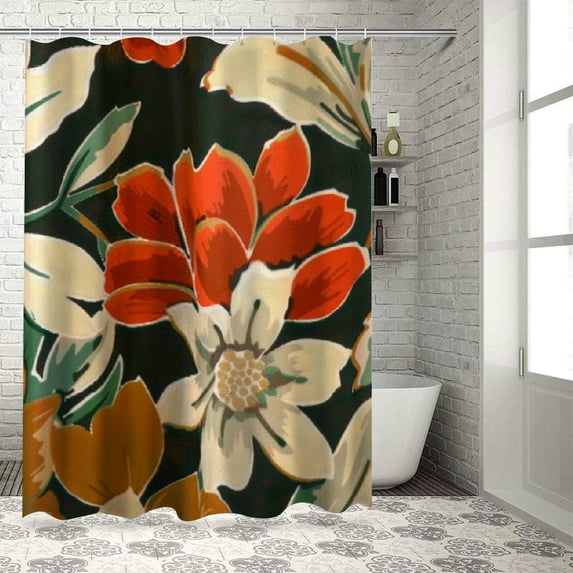 Fenyluxe Abstract Vintage Floral Shower Curtain Modern Spring Flowers Retro Green Leaves Bathroom Curtains Set Colorful Contemporary Bath Accessories Art Home Decor Fabric
