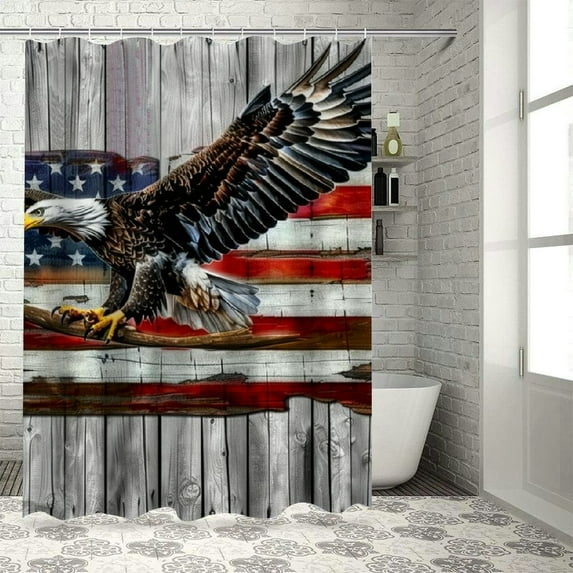 Fenyluxe American Flag Shower Curtain Vintage Patriotic Eagle Stars Stripes Fourth of July Independence Rustic Wood Panels Art Fabric Polyester Bathroom with Hooks, Black Grey Red White