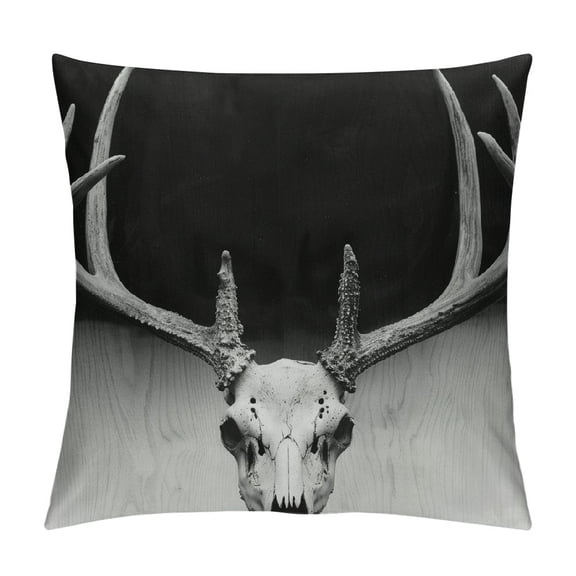 Fenyluxe Antlers Throw Pillow Cushion Cover, Deer Skull Skeleton Head Bone Halloween Weathered Hunter Theme Motif, Decorative Square Accent Pillow Case 18x18in