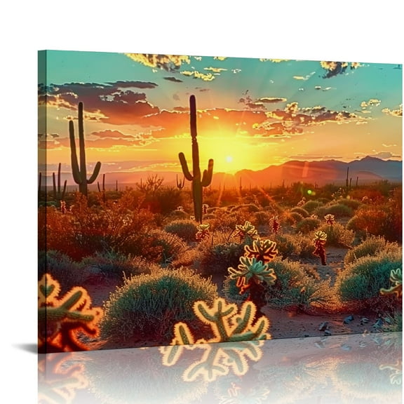 Fenyluxe   Arizona Sonoran Desert Wall Art Botanical Cactus in Sunset Landscape Pictures Painting Canvas Print Southwest Decor for Office Living Room Ready to Hang 20x16in