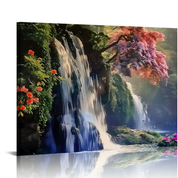Fenyluxe Art Modern Canvas Prints Waterfall Flowers Tree Wall Decor for Bathroom Ready To Hang Room Home Decor 16x12in
