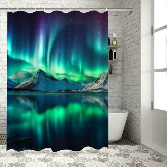 Fenyluxe Aurora Borealis Mountains Lake Pretty Shower Curtain Set 100% Polyester Fiber Washable with Hooks 36x72