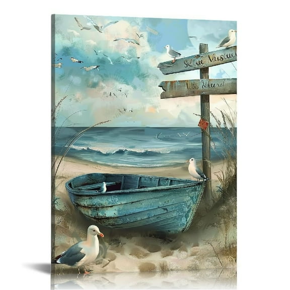 Fenyluxe Bathroom Wall Art Coastal Décor Nautical Boat on Beach Canvas Picture Ocean Seagull Seascape Canvas Print Sea Bird Farmhouse Artwork for Seashore Bedroom Living Room Small Square Blue Teal