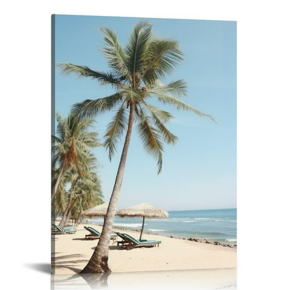 Fenyluxe Beach Seascape Canvas Wall Art:Coastal Picture Coconut Trees Painted Beach Umbrellas & Chairs Painting Seaside Palm Tree Artwork Decor for Living Room 16x20 in/12x16 in