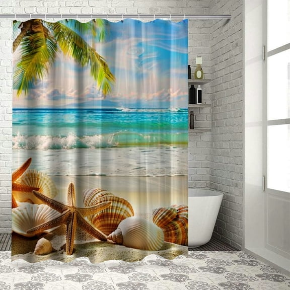 Fenyluxe Beach Starfish Shower Curtain Tropical Palm Leaves Seashell Conch Blue Sky Cloud Ocean Scene Summer Nature Island Landscape Hawaiian Fabric Bathroom Curtain with Hooks White