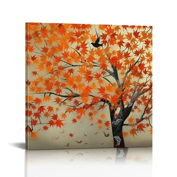 Fenyluxe Bird Orange Leaves Canvas Wall Art Modern Prints Ready To Hang Home Decor 12x12in