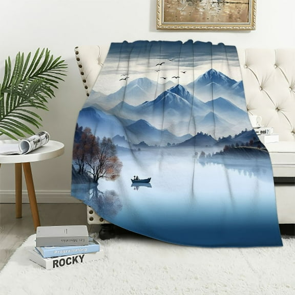 Fenyluxe Birds Boat Mountain Print Flannel Throw Blanket, Lightweight Blanket for All Seasons, Bed Cover or Wall Decoration