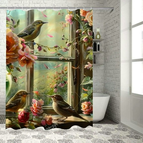 Fenyluxe Birds Flowers Shower Curtain Set with Hooks for Bathroom 100% Polyester Fiber Waterproof Bathroom Curtain 36"x72