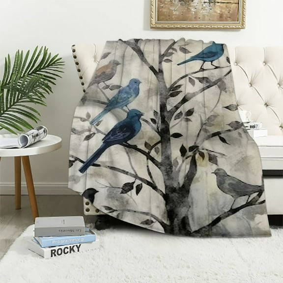 Fenyluxe Birds Leaves Watercolor Painting Throw Blanket for Couch Sofa Bed Office Decor All Seasons Gifts 40x50in