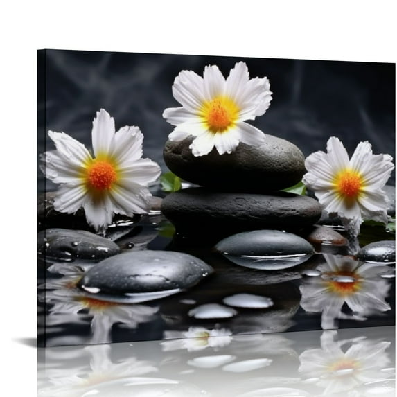 Fenyluxe Black and White Canvas Wall Art Yellow Daisy Pictures Flower and Stone Paintings for Bathroom Living Room Bedroom Office Decor Framed Still Life Modern Zen Decor 20x16 in/16x12 in