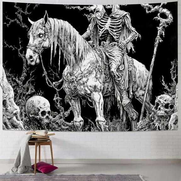 Fenyluxe  Black and White Goth Skull Tapestry for Bedroom, Gothic Skeleton Halloween Wall Tapestries Aesthetic, Horror Ghost Rider Night Sky Moon Dark Wall Hanging Decor for Living Room 40x30inch