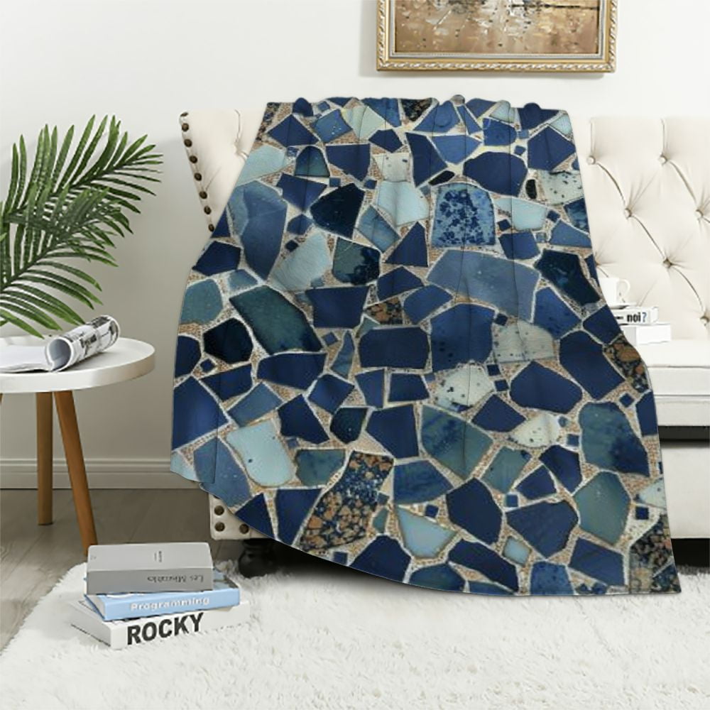 Fenyluxe Blanket Abstract Terrazzo Mosaic Navy & Light Blue Pattern