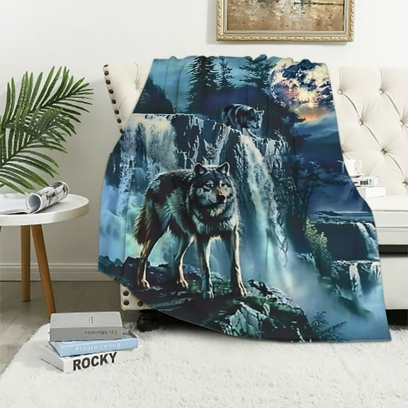 Fenyluxe  Blanket Soft Fluffy Throw for Sofa Bed Moon Wolf Green 40x50in