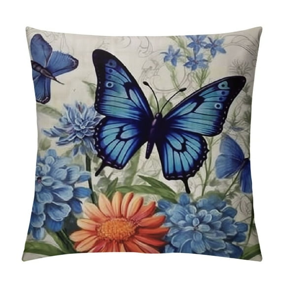 Fenyluxe Blue Butterfly Figure Embellished with Orchid Artistic Leaves Graphic, Decorative Square Accent Pillow Case, Light Blue Dark Blue Gold 22x22in