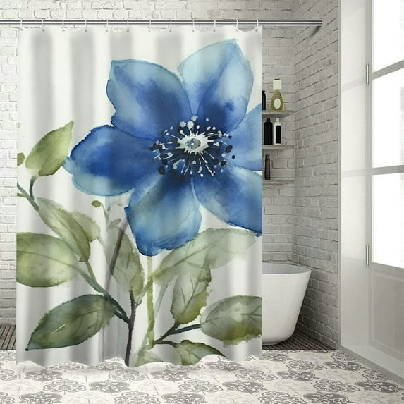 Fenyluxe Blue Flower Green Leaves Pretty Shower Curtain Bathroom Decor 100% Polyester Fiber Chic Modern Style with Hooks 60x72