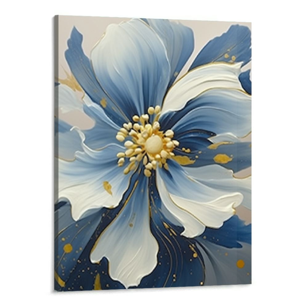 Fenyluxe Blue Flower Wall Art Paintings Blue and Gold Canvas Wall Art