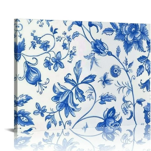 Fenyluxe Blue Flowers Floral Pattern Canvas Wall Art Ready to Hang 16x12x0.75in