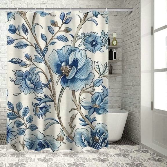 Fenyluxe Blue Flowers Leaves Shower Curtain 100% Polyester Washable Shower Curtain for Bathroom with Hooks Mother's Day Gift 69"x72