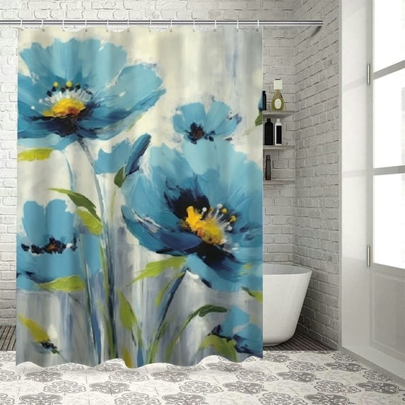 Fenyluxe Blue Flowers Pretty Shower Curtain Bathroom Decor Polyester Bathroom Shower Curtain Set Home Bathtubs Curtain Decoration with Hooks 36x72