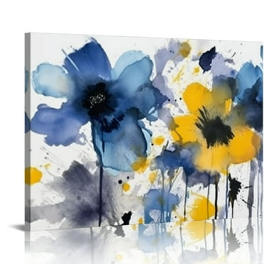 Fenyluxe Blue Flowers Yellow Centers White Background Wall Decor Art Modern Canvas Prints Home Decor 16x12in