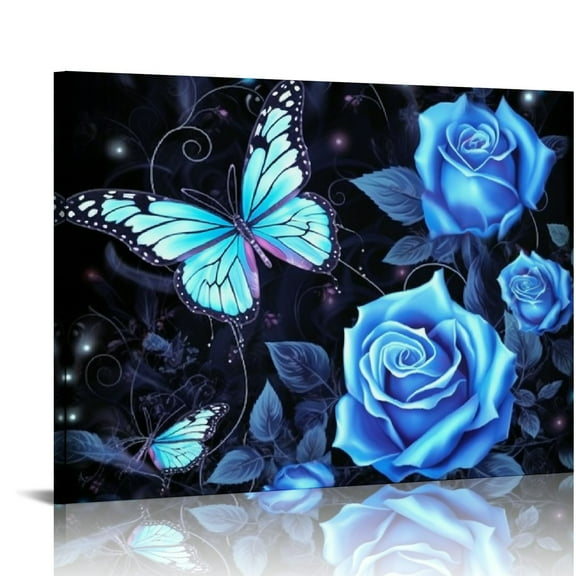 Fenyluxe Blue Rose Butterflies Canvas Wall Art Print Ready To Hang Home Decor 16x12in