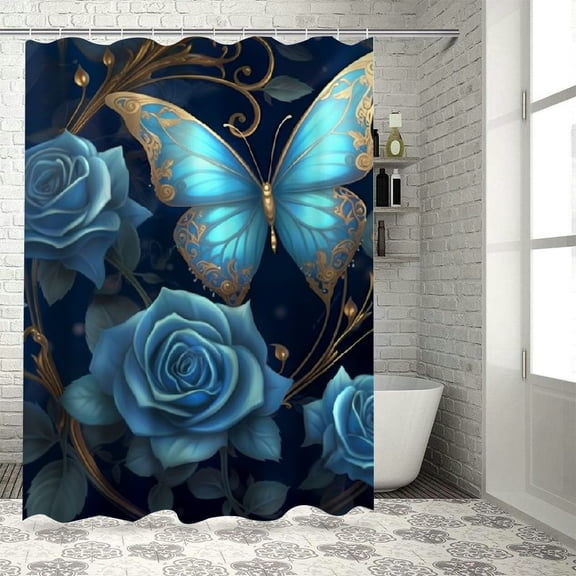 Fenyluxe Blue Rose Butterflies Fantasy Art Pretty Shower Curtain Bathroom Decor Set with Hooks 60x72