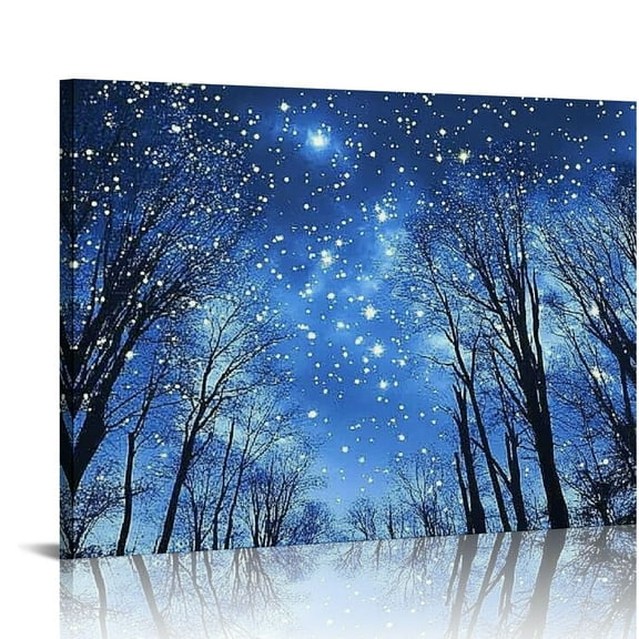 Fenyluxe  Blue Starry Night Forest Tree Silhouette Canvas Wall Art Nature Scenery Picture Prints Home Office Wall Decoration Modern Contemporary Art 16x12in