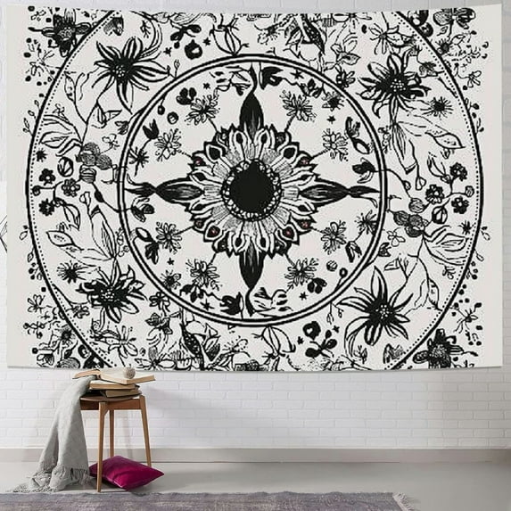 Fenyluxe Bohemian Tapestry Wall Hanging, Beige White Floral Tapestry with Dotted Daisy Medallion Print Bedroom Boho Hippie Home Decor 40x30inch