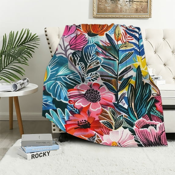 Fenyluxe Boho Floral Blanket Colorful Tropical Botanical Flower Throw Blanket Super Soft Flannel Throw Blanket Lightweight Fluffy Fuzzy Bed Blanket for Bedding Sofa and Travel 40x50in