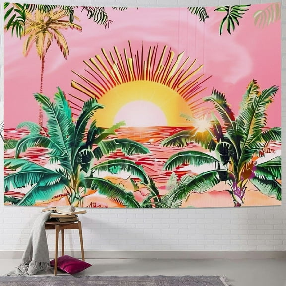 Fenyluxe  Boho Sun Tapestry Pink Wave Tapestries Retro 70s Rainbow Sunrise Sunset Tapestry Bohemian Mid Century Tapestry Tropical Coconut Palm Tree Wall Hanging for Bedroom 40x30inch