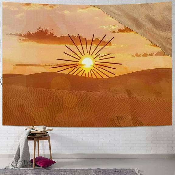 Fenyluxe Boho Sun Vertical Tapestry, Bohemian Mountain Desert Tapestry Wall Hanging for Bedroom, Yellow Minimalist Tapestries Poster Beach Blanket College Dorm Home Decor 60x50inch