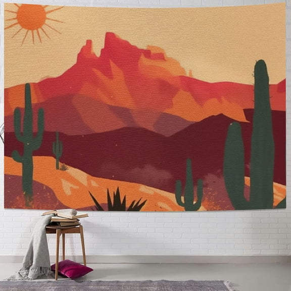 Fenyluxe Boho Western Tapestry Modern Southwestern Mountain Cactus Arizona Desert Sunset Wall Tapestry Mid Century Modern Retro Minimalist Vertical Tapestry Wall Hanging for Bedroom 60x50inch
