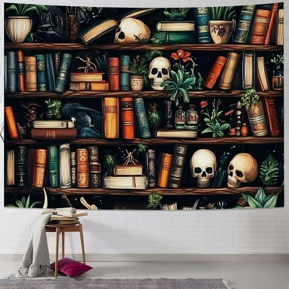 Fenyluxe  Bookshelf Tapestry Magical Book Tapestries Goth Skull Tapestry Vintage Botanical Tapestry Black Cat Wall Tapestry Hanging for Bedroom Home Decor 40x30inch