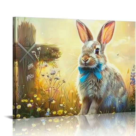 Fenyluxe  Bunny Easter Wall Art Pictures Bunny and Cross Painting Wildflowers with Animals Artwork Spring Rabbit Canvas Prints Easter Home Decor Framed (Green) 16x12in