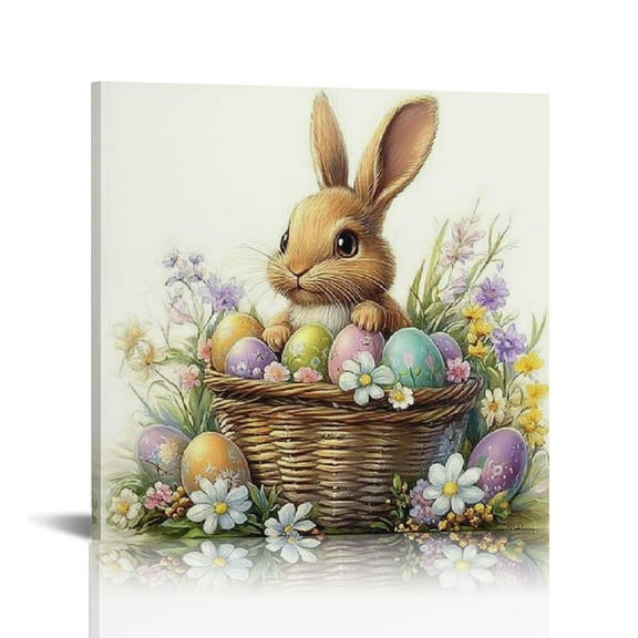 Fenyluxe Bunny Eggs Basket Wall Art Canvas - Ready To Hang Home Room Decor 12x12in