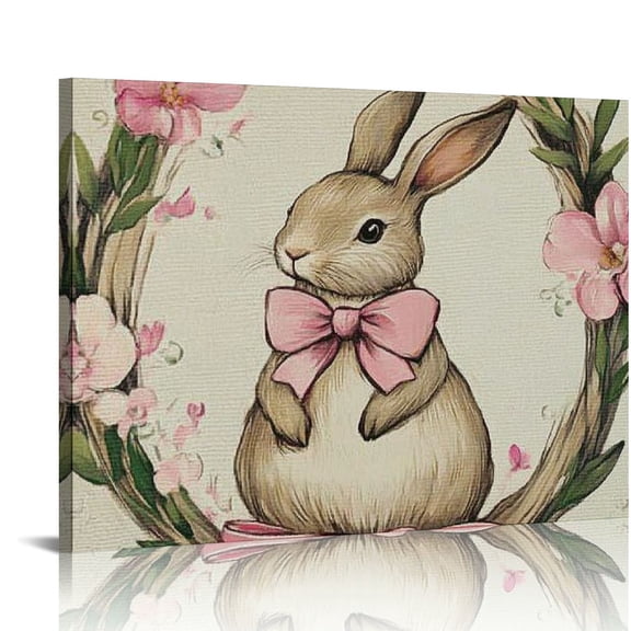 Fenyluxe Bunny Flowers Pink Bow Wall Art Decor Ready To Hang 16x12in