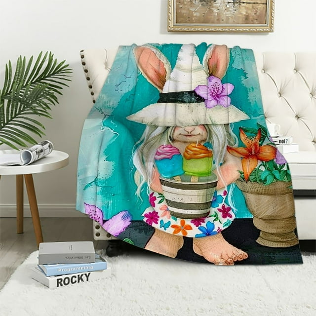Fenyluxe Bunny Ice Cream Flowers Flannel Throw Blanket Lightweight