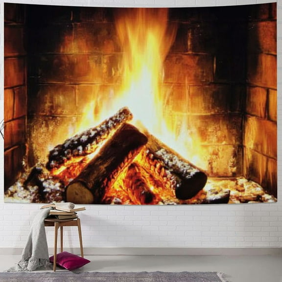 Fenyluxe Burning Fire Tapestry Christmas Wood Fireplace Bright Brick Wall Hanging Vintage Merry Elements Festival Celebrate Wall Tapestry for Living Room Decor 60x50inch
