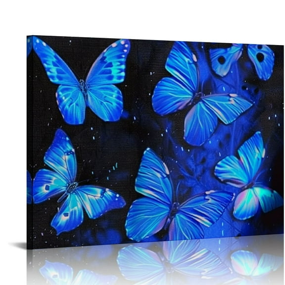 Fenyluxe Butterflies Blue Glowing Wall Art Modern Canvas Prints Ready To Hang Room Home Art Decor 16x12in