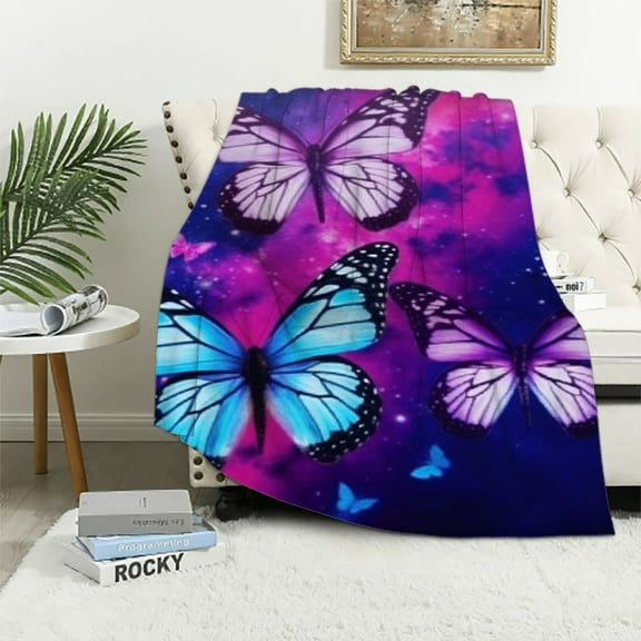 Fenyluxe Butterfly Blanket Butterfly Floral Throw Blankets Cozy Flannel Blanket Soft Warm Lightweight Bedding Blanket Blue Butterflies Gift for Women Teen Girls Kids for Couch Sofa Bed 40x50in
