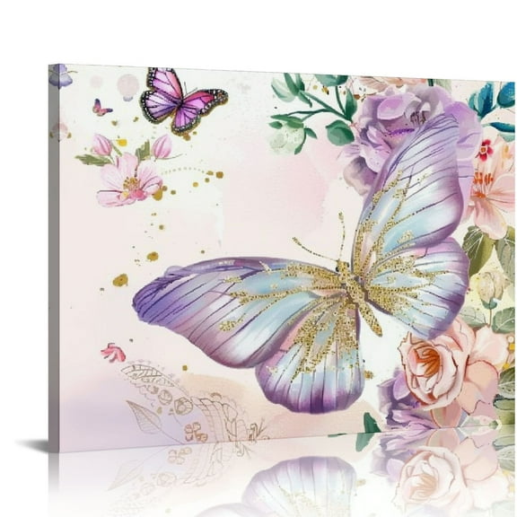 Fenyluxe Butterfly Flowers Pastel Colors Art Modern Canvas Print Wall Decor Ready To Hang Home Art Decor 16x12in