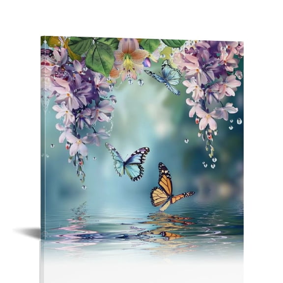 Fenyluxe Butterfly Flowers Water Wall Decor for Bedroom Kitchen Ready to Hang Home Art Decor 12x12in