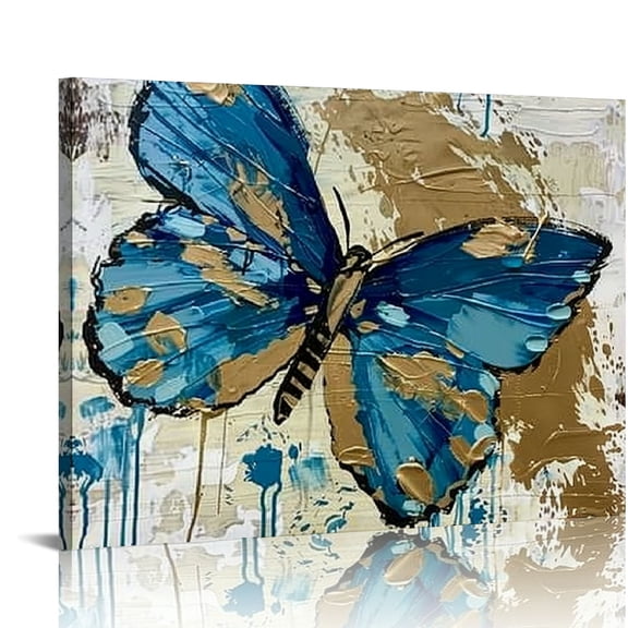 Fenyluxe Butterfly Gold Accents Soft Painting Canvas Wall Decor for Bathroom without Print 16x12in